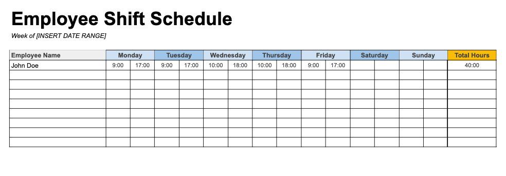 Weekly Employee Schedule Template With Total Hours