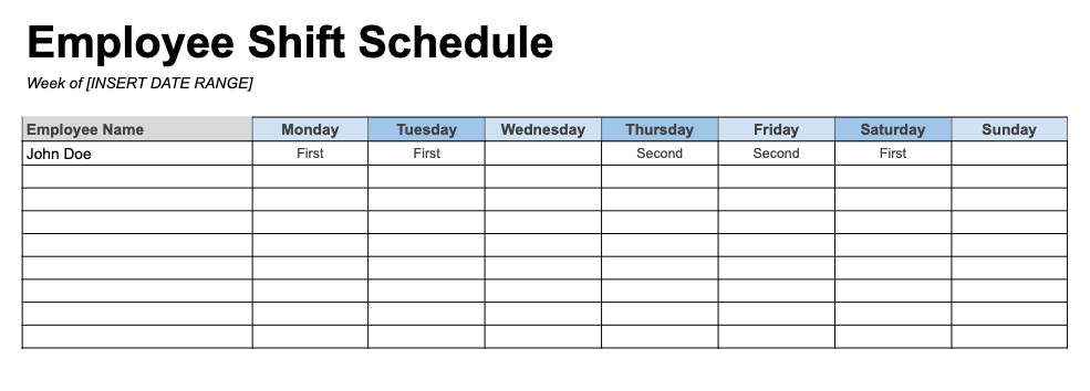 Weekly Employee Schedule Template By Shift